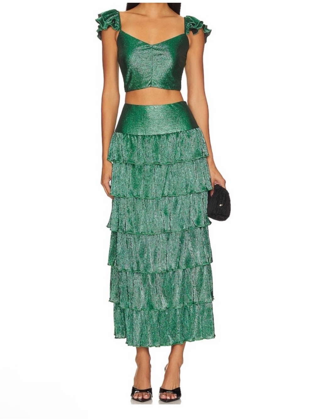 SAYLOR Metallic Green Tiered Ruffle Maxi Skirt